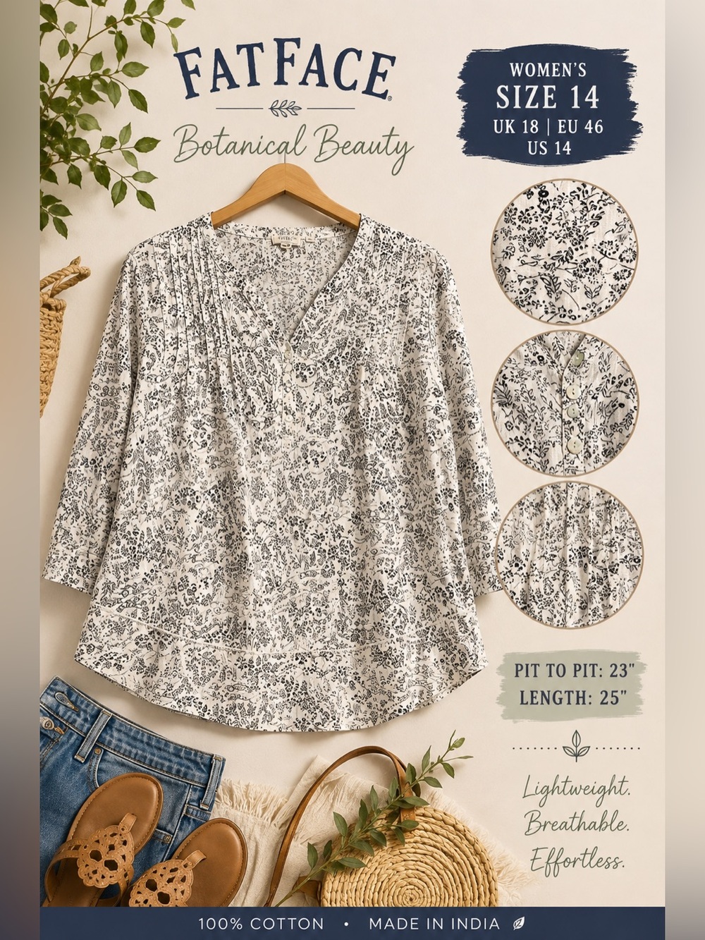 FatFace Women’s Size 14 Black White Botanical Floral Cotton Blouse Boho Top